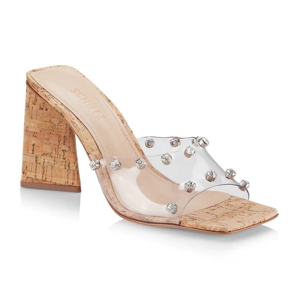 NEW Schutz Size 8.5 Women's Lizah Vinyl Mules Cork Block Heel - Transparent